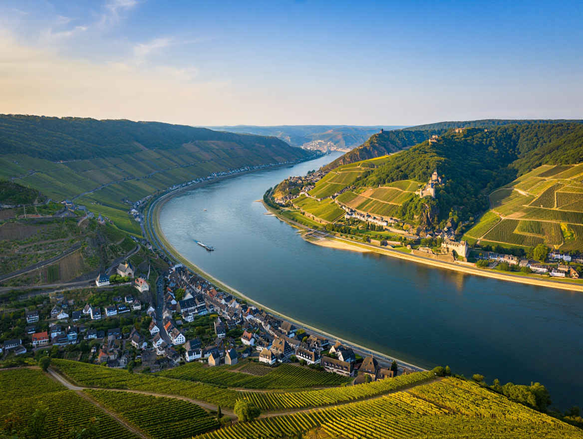 Rheintal mit Weinbergen und mittelalterlichen Burgen